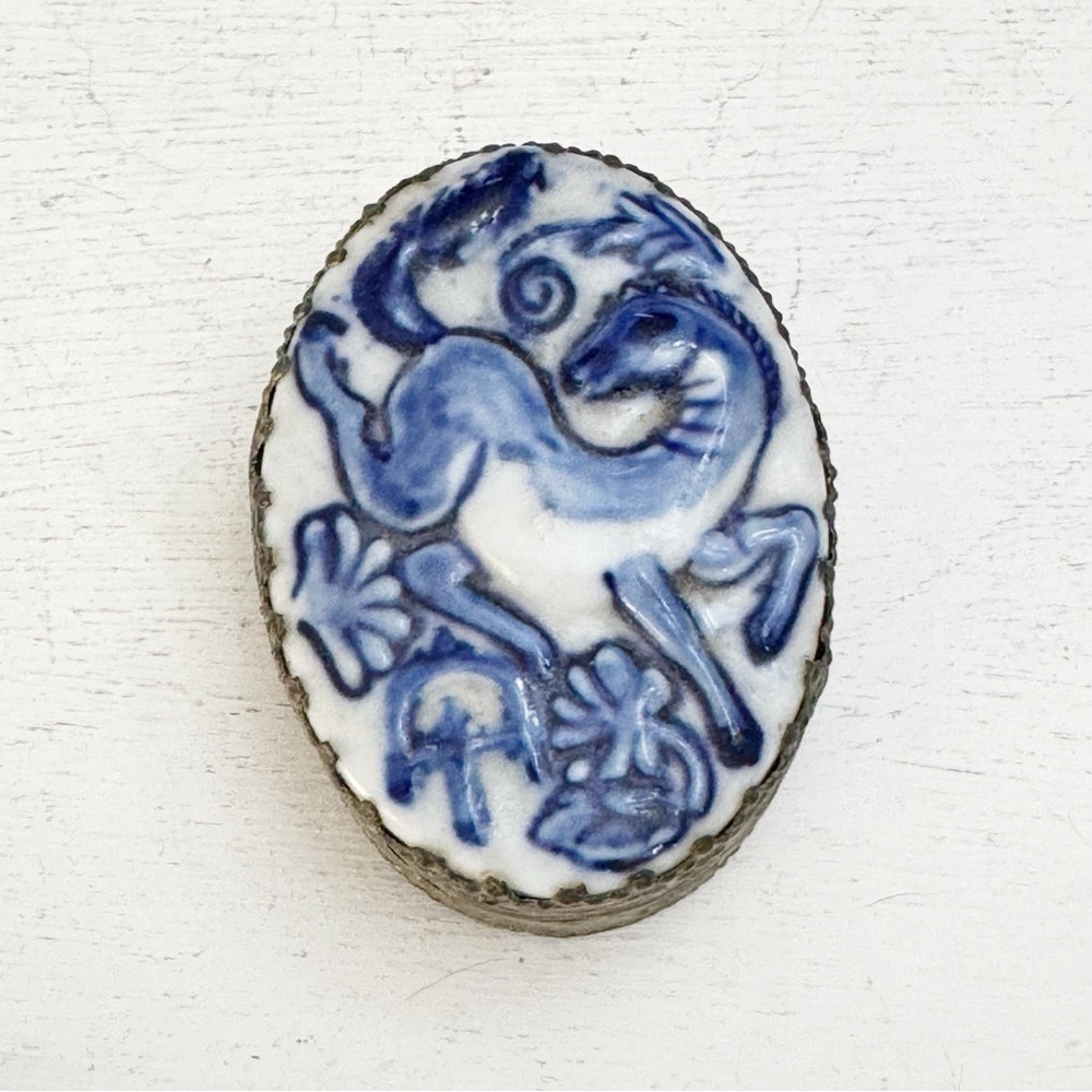 Oval Silver Tone Trinket Box Vintage Blue and White Glossy Ceramic Horse
